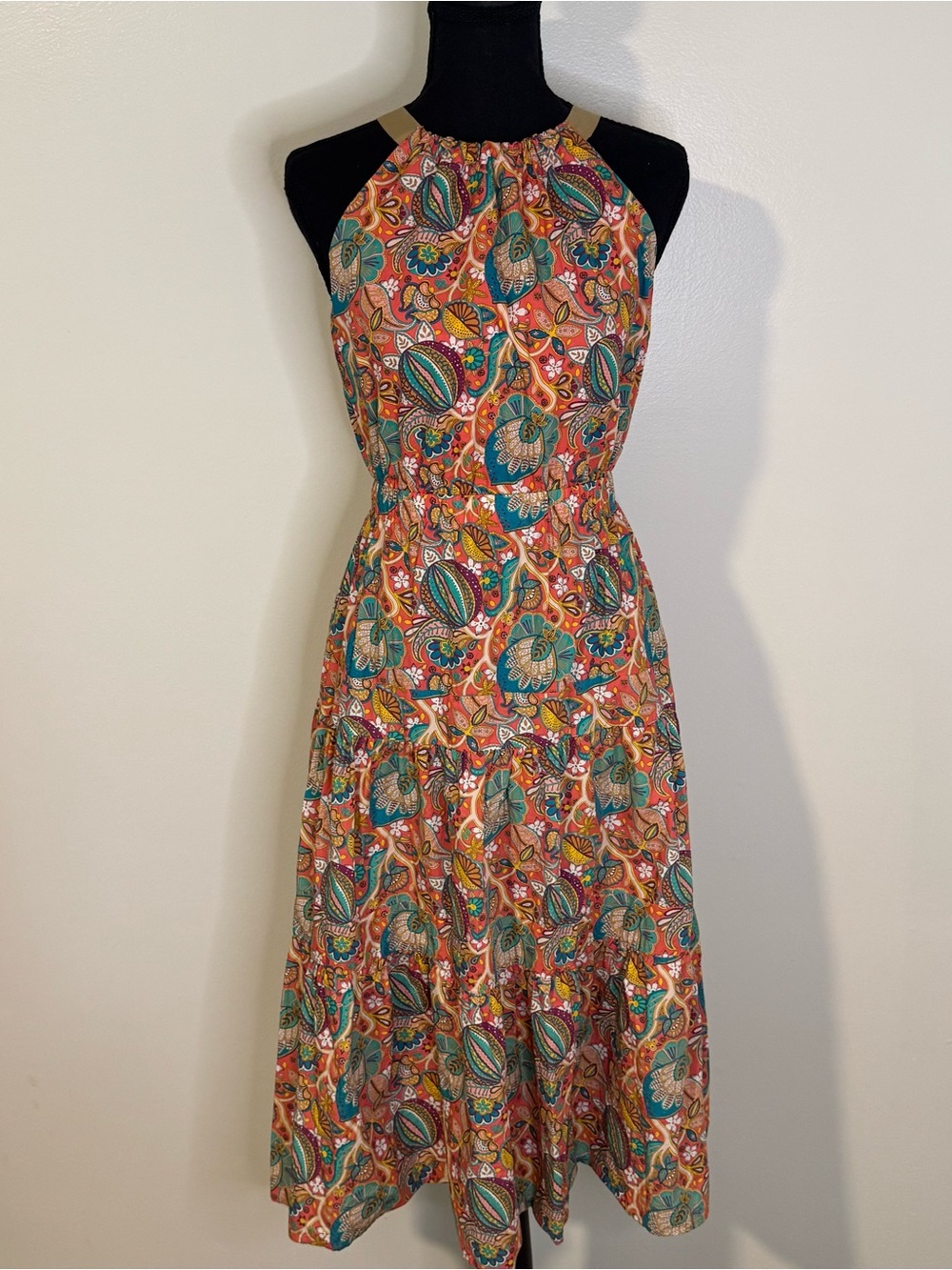 ANTONIO MELANI Teal and Coral Halter Midi Dress
